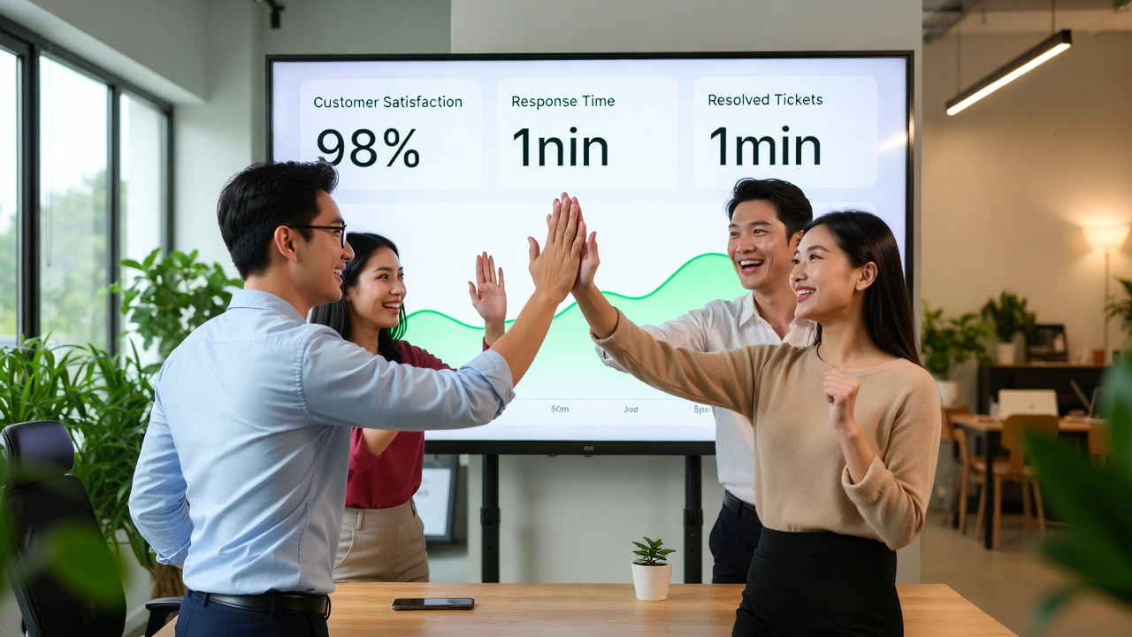 Happy team celebrating improved customer satisfaction with Voxx AI dashboard